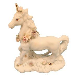 Porcelain White Unicorn Flowers on Cloud Vintage 1997 YH